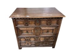 A William and Mary and later oak chest of drawers with geometric front, width 99cm, depth 60cm, heig