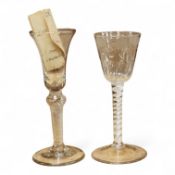 Two Georgian wine glasses, one with air twist stem and etched decoration to the bowl, largest 16cm h