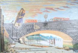 Constance Fenn, RCA,NEAC (1933-2001), Figures and bridge, signed, surreal oil on canvas, 61 x 91cm