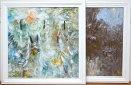 A pair of Contemporary prints on canvas, Chinese junks and figures, each indistinctly signed, 65 x 6