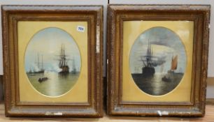 Victorian School, maritime interest, Men O'war scenes, unsigned, pair of oval oils, 30 x 23cm, ornat