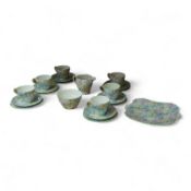 A Shelley ‘Melody’ porcelain six cup tea set, teapot missing, cake plate 25cm square (21)