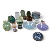 A collection of mixed art glass and paperweights, including two Mdina flared rimmed glass vases, Adr