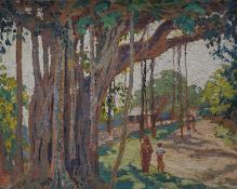 Miss Rachel Wheatcroft, ‘Banyan tree’, various labels verso, monogrammed, impasto oil on canvas, 39