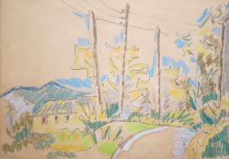 Monogrammist H.W. 20th century Landscape with trees, telegraph poles and a cottage, mongrammed lower