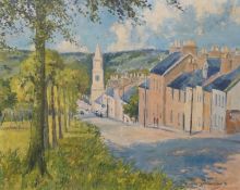J. Henderson, Street scene, signed and dated ‘67, unframed, mid century oil on board, 43 x 54cm