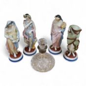 A set of four painted biscuit porcelain figures of The Seasons, and a silver-mounted scent bottle, f