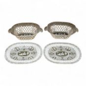 A pair of early 19th century pearlware transfer decorated figural two handled chestnut baskets and s