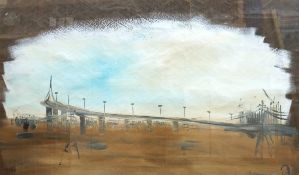 Contemporary, Riverscape with bridge, indistinctly monogrammed, oil on paper, 69 x 116cm