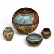 A large Japanese cloisonné enamel globular Koro and Cover, and three other pieces of cloisonné ename