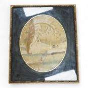 An early 19th century framed oval silk embroidery of a woman with a dog, overall 48cm high