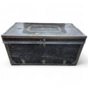 An early 19th century leather covered brass mounted and studded camphorwood trunk, width 112cm, dept