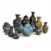 Thirteen various sized Chinese cloisonné enamel jars with covers and similar vases, tallest vase 31c