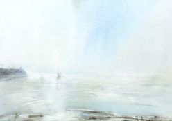 Leslie Worth (1923-2009), SVPRWS, ‘Low tide at Lyme Regis’, signed, watercolour, gallery label verso