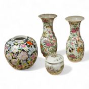 A Chinese 'Thousand Flower' jar, two famille rose vases, and a Republic period jar and cover, larges