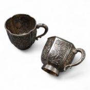 Two late 19th/early 20th century Chinese Export white metal tea cups, maker WF, embossed with bamboo