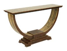 An Art Deco style white ebony and walnut console table