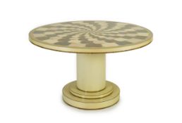 A contemporary chrysanthemum and specimen wood inlaid circular tilt top centre table