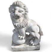 A pair of reconstituted white marble models of lions rampant