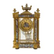 A late 19th century French ormolu and champleve enamel four glass mantel clock