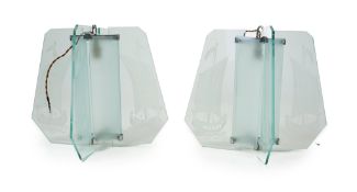 A pair of Art Deco chrome and four panelled etched glass ‘Galleon’ designed celling pendant lights
