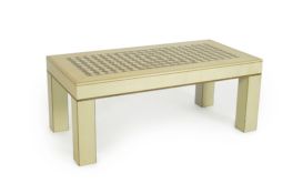 A contemporary rectangular sycamore and specimen wood coffee table on square legs