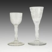 Two faceted wine glasses, engraved with hunting scenes, c.1780