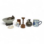 Oriental items to include a crackleglaze bowl on stand and a bamboo brush pot, together with two