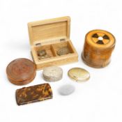 Two treen boxes, a cigarette box, a tortoiseshell box, a military tobacco box, a plated box and