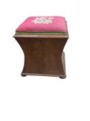 A Victorian mahogany stool / work box with floral tapestry seat and Tunbridge ware lidded