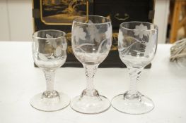 Three late 18th century Dutch DSOT stem goblets, each on a domed foot, engraved with a moth and