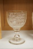 Fishing interest, a large mid 19th century glass goblet, engraved with a fisherman, bull rushes