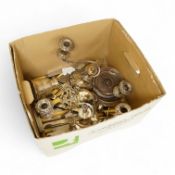 A group of sundry plated items including dwarf candelabra, a pair of wine coasters, a pair of