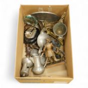 An Arts & Crafts pewter teaset and tray and a collection of mixed metalware