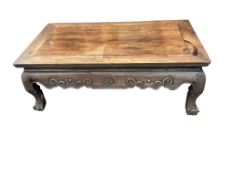 A Chinese rectangular hongmu low table, faded, width 77cm, depth 42cm, height 28cm