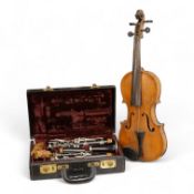 A 19th century violin, and a cased Boosey & Hawkes clarinet