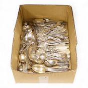 A quantity of assorted plated flatware including Kings pattern and beaded Old English pattern.