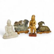 Two modern jade figures, together with a marble Buddha and a carved giltwood figure, largest 24cm