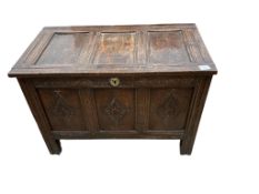 A small 17th century panelled oak coffer, width 87cm, depth 48cm, height 60cm