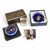 Masonic collectables including three paperweights, a cigarette box and two ribboned medals