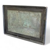 A metal relief panel of a ship, framed, 53cm high