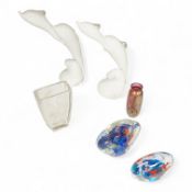 A collection of studio glass, including two glass aquarium ornaments, a pair of Langham dolphins,