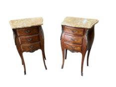 A pair of Louis XVI style marquetry inlaid kingwood marble top bedside chests, width 42cm, depth