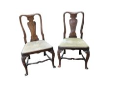 A pair of George I walnut dining chairs, width 54cm, depth 41cm, height 92cm