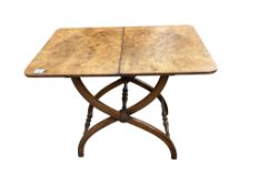 A Victorian burr walnut and mahogany rectangular folding coaching table, width 86cm, depth 58cm,