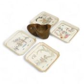 A set of four Chinese famille rose square dishes, late 19th century, and a carved wood pouring