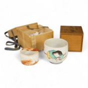 Two Japanese Mino ware sake cups, boxed, largest 7cm tall