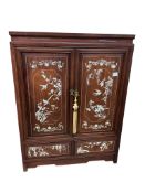 A Chinese mother of pearl inlaid hardwood side cabinet, width 91cm, depth 46cm, height 122cm