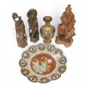 A Japanese cloisonne plate, a cloisonne vase and three Chinese carved wood figures, largest 39cm