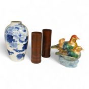 A Chinese Revolution Period porcelain bird group, 21.5cm, a pair of Chinese bamboo brushpots